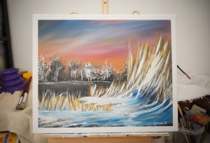 Winterstille am See – Tall Winter Grass von Carsten Acrylgemälde von Carsten: Winterliches Schilf am gefrorenen See mit weichen Spiegelungen auf dem Eis und einem farbintensiven Abendhimmel.