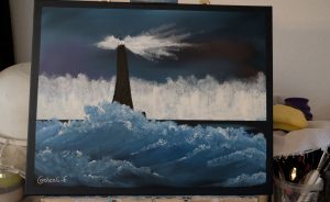 Acrylbild Lighthouse & Ocean Waves: Ein Leuchtturm trotzt der Kraft der Elemente und den gewaltigen Wellen der stürmischen See.
