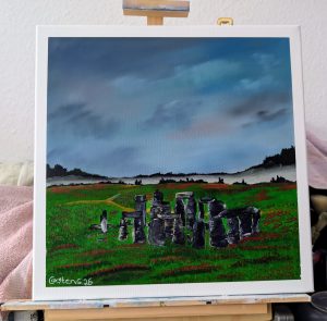 Stonehenge: Gänsehaut unter Wolken "Acrylmalerei von Stonehenge bei dramatischem Himmel, gemalt in Nass-in-Nass-Technik auf Leinwand von kreativ-mit-acryl."