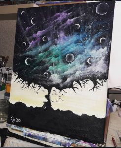 Acrylmalerei auf strukturierter Leinwand: Eine dunkle Silhouette sitzt unter einem baumartigen Gebilde, aus dem eine farbgewaltige Gedankenblase in Türkis, Lila und Weiß ausbricht. Der Hintergrund zeigt eine raue Stein-Optik.