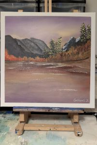 Herbstliche Abendstimmung über einem See – Acrylgemälde mit Bergen, Wald und Spiegelung